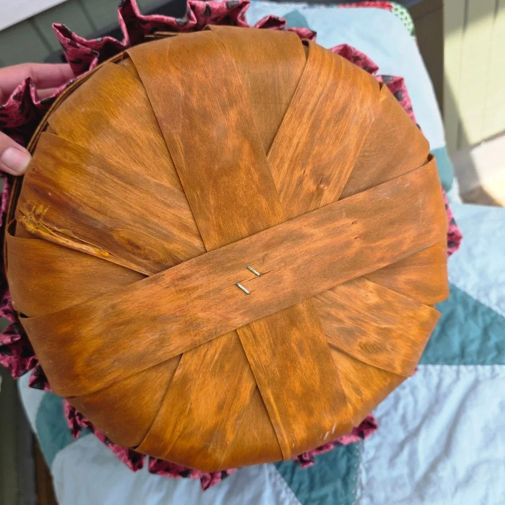A & M Fisher Crafts Vintage Lined Basket Wood Heart Lid Pink BIG Cottagecore